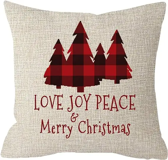 Double Side Burlap Vintage Black Red Buffalo Checkers Plaids Joy Peace Love Merry Christmas Throw Pillow Cover