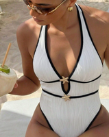 Maillot de bain une pièce texturé pour femme, col en V, coupe brésilienne, deux couleurs, tailles S-XL