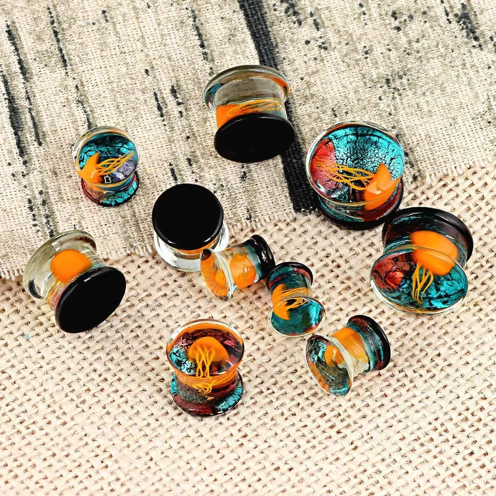 Wholesale Stretching Saddle Jellyfish Piercing Pierced Earrings Jewelry Glass Double Flare Flesh Ear Tunnels Gauges Plugs