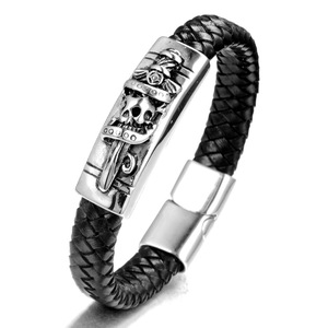 Pulsera de cuerda de cuero con calavera para hombre, brazalete con cierre de acero inoxidable, superventas - Product Image 1