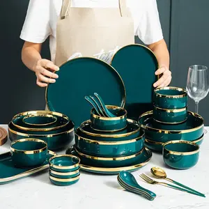 Pratos Luxo Green Food Plate Set Salada Sopa Tigela Prato e Tigelas Set Cerâmica Dinnerware Prato Conjunto para Restaurante Hotel