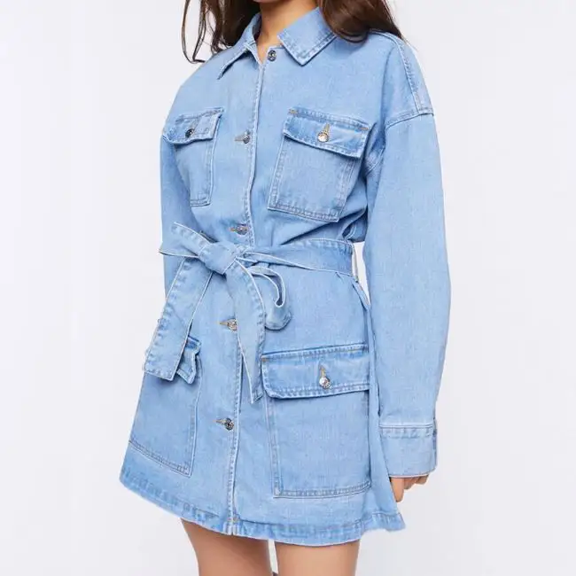 Custom Primavera Verão Vintage Manga Longa Botão Up Denim Vestidos Mulheres Casual Belted Mini Shirt Dress