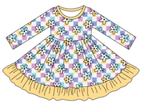 Nouvelle Arrivée Robe Quotidienne à Volants pour Enfants, Motif Floral Écossais et Blocs de Couleurs, Robe Personnalisée en Bambou pour Bébés Filles Printemps & Automne