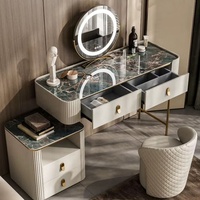 Table de maquillage moderne haut de gamme pour chambre à coucher, avec panneaux en bois blanc, tiroirs et miroir LED sur pied mobile
