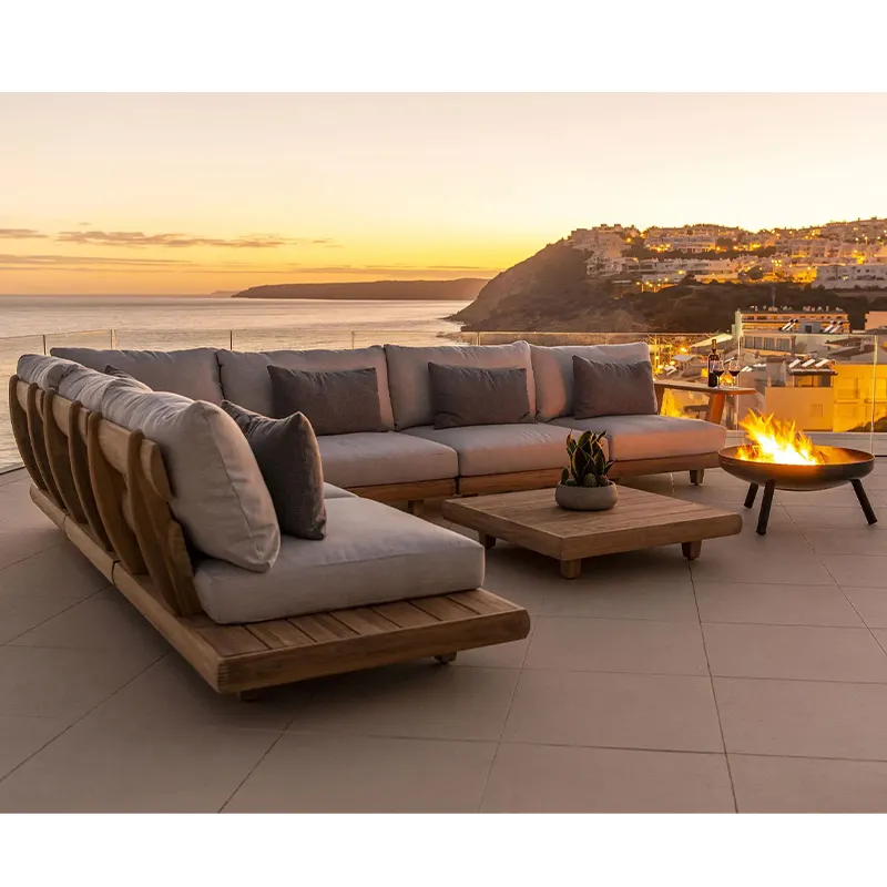Tuinmeubilair Luxe Teak Hout Metalen Huis Grote Hoek Aluminium Patio Bank Sectionele Zitplaatsen Moderne Houten Outdoor Sofa Set