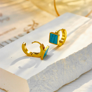 Geometric Square Turquoise Huggie Earrings Gold Stainless Steel Bezel Setting Fashion Stud Earrings - Product Image 3