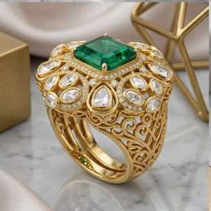 Anillo de Plata 925 con Esmeralda y Kundan, Chapado en Oro, Ajustable, Joyería Elegante para Mujer, para Fiestas Tradicionales - Product Image 5