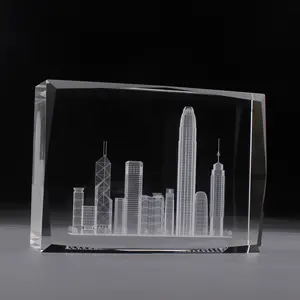 Pujiang Hadiah Suvenir Blok Kaca Ukir, Hadiah Miniatur Kubus Kristal Ukir Model Bangunan Kristal Berukir Laser 3D