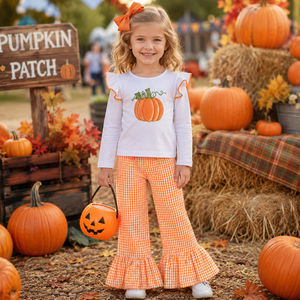 Pantaloni a Quadretti con Volant per Bambine, <span class=keywords><strong>Leggings</strong></span> Boutique con Orlo a Balze, Pantaloni a Quadri <span class=keywords><strong>Arancioni</strong></span> con Volant, Abbigliamento Autunnale per Bambini - Product Image 1