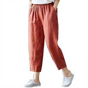 Pantalones holgados de lino blanco con cintura elástica para mujeres y niñas, ropa de noche para cualquier día, pantalones bajos moq - Product Image 2