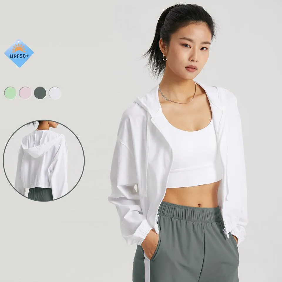 Upf 50+ Adjustable Drawstring Sports Hooded Jackets Wholesale Womens Loose Fit Long Sleeve Yoga Tops