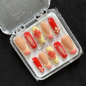 Juego de 10 Uñas Postizas Francesas de Alta Calidad con Diseño de Flor 3D, Uñas Postizas Talladas a Mano con Forma de Almendra - Product Image 6