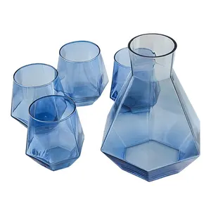 ガラスカップセット付きダイヤモンド型電気メッキスモークグレー & ブルー & カラーガラス冷水ジャー5個セット