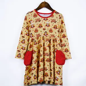 Autumn Turkey Print Knit Cotton Girls Dresses Long Sleeves O Neck Polkadot Pockets Thanksgiving Holiday Kids Fall Dress