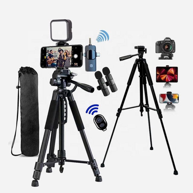 57'' Tripod Stand 3 in 1 Wireless Microphone LED Light Video Vlogging Kit for YouTube TikTok Starter Phone Camera Live Recording
