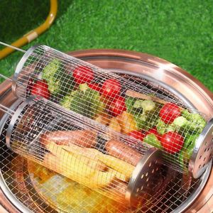 Cesta de parrilla rodante de malla de acero inoxidable 304, diseño cilíndrico de malla de alambre resistente al calor para camping portátil al aire libre - Product Image 5