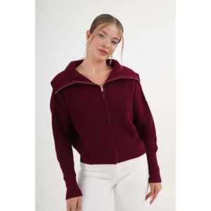 Cárdigan de Punto Borgoña para Mujer, con Cierre, Cuello Alto, Casual, Antipilling, Estilo Simple y Moderno - Product Image 2