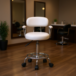 White PU <b>Leather</b> Salon <b>Chair</b> Height Adjustable <b>Swivel</b> Stool with Armrests Contemporary Design for Beauty Spa Use - Product Image 2