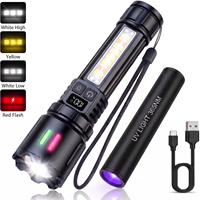Lampe de poche LED zoomable avec lumière UV détachable 365NM, affichage numérique, lumière latérale COB, torche extérieure rechargeable de type C