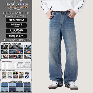 جينز مغسول مخصص للرجال بالجملة، جينز واسع الساق بقصة فضفاضة وحواف خام، بتصميم هيب هوب وستريت وير، بلون أزرق داكن باهت بالشمس، مستقيم وواسع الساقين. - Product Image 1