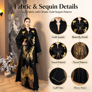Abaya Elegante e <span class=keywords><strong>Chic</strong></span> da Donna, Ricamata a Mano, in Poliestere, Lunghezza alla Caviglia, Manica Lunga, Traspirante, per Primavera, Autunno ed Estate - Product Image 2