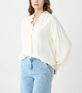Blusa Corta de Manga Larga con Cuello en V, Estilo Francés, Transpirable, Ecológica, de Viscosa, Corte Holgado, Informal para Mujer, Personalizada de Fábrica - Product Image 5