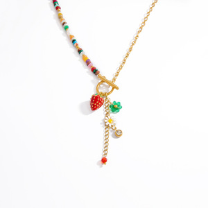 Collier en acier inoxydable avec pendentif fleur de fraise, chaîne perlée colorée pour femmes, bijoux à la mode - Product Image 5