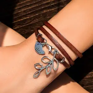 Vogel En Blad Charme Multi-Layer Kronkelende Kwast Armbanden Handgemaakt Bruin Vintage Lederen Armband Vrouwen