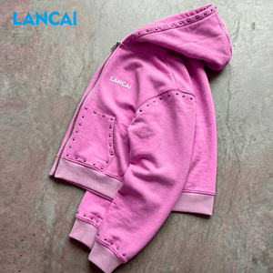 Top Manufacture Custom High Quality Acid Wash Vintage Distressed Fleece Cotton Sun Faded Oversized Pearl <b>studded</b> Zip up Hoodie - Product Image 2