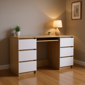 Scrivania per computer in legno ingegnerizzato bianco e rovere Sonoma beige con cassetti, mobili per ufficio domestico - Product Image 2