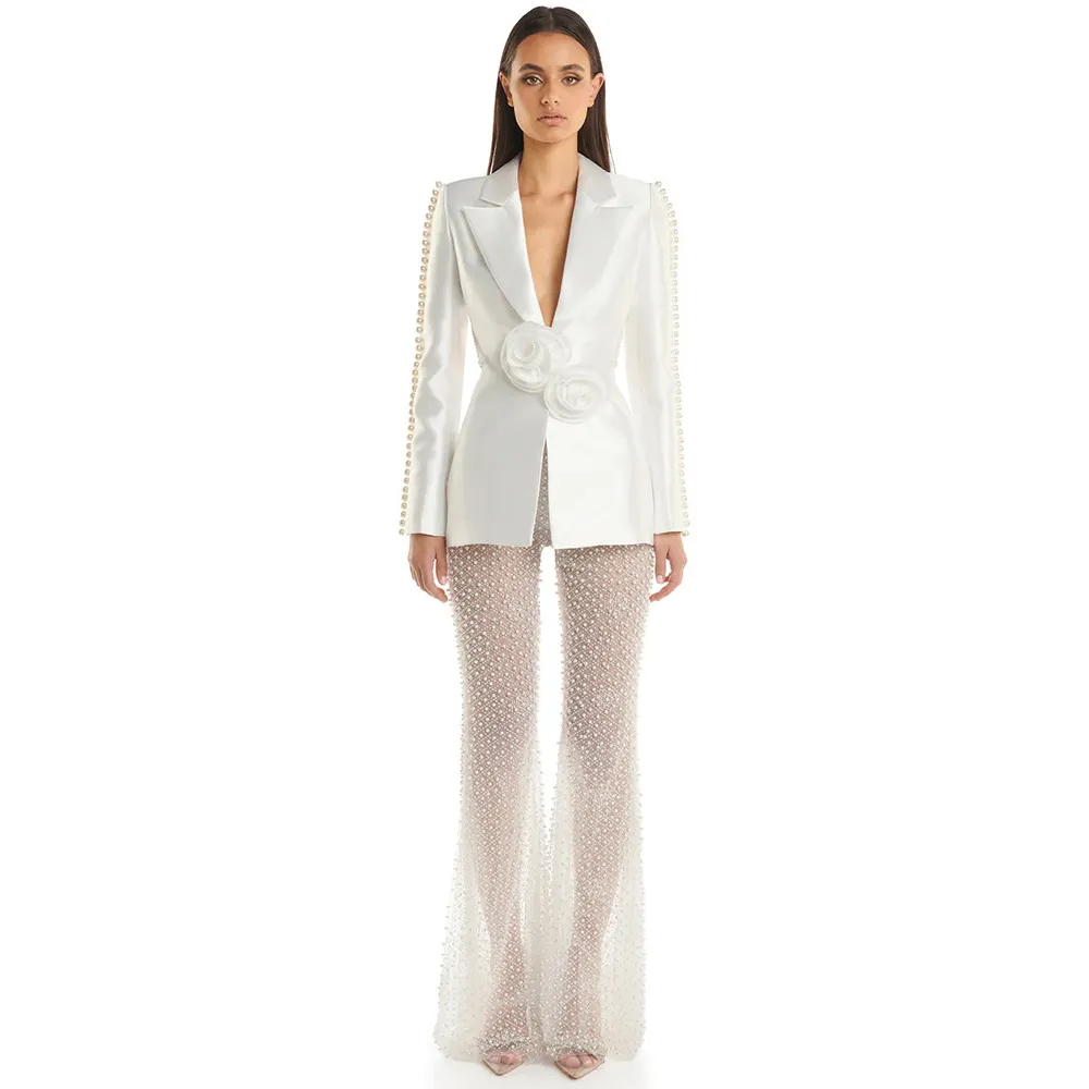 A8514 moda elegante donna bianca due pezzi abiti taglie forti con perline da donna pantaloni da festa