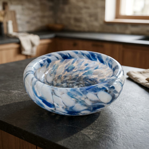 <b>Glass</b> <b>Marble</b> Look Contemporary Salad Serving Bowl with Blue White Pattern Dishwasher Safe for Home Table Decor - Product Image 2