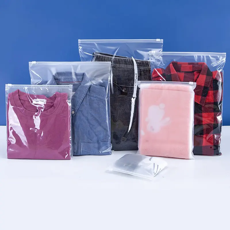 ES kustom Logo dicetak plastik tas pakaian jelas tas ritsleting dengan dicetak untuk pakaian mantel Jeans Hoodies paket