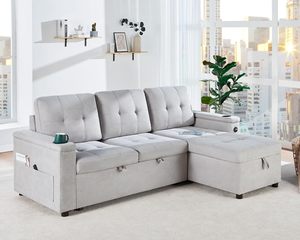 Sofá <span class=keywords><strong>Cama</strong></span> Extraíble <span class=keywords><strong>con</strong></span> <span class=keywords><strong>Chaise</strong></span> de Almacenamiento Sofá <span class=keywords><strong>Cama</strong></span> Multifuncional <span class=keywords><strong>con</strong></span> Puertos de Carga USB y Portavasos - Product Image 2