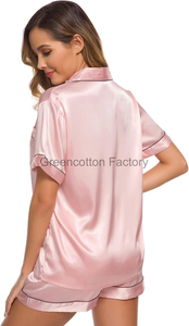 Logo personnalisé Ensemble de pyjamas en <span class=keywords><strong>satin</strong></span> de soie pour femmes Vêtements de nuit à manches courtes Haut boutonné et short Vêtements de détente Ensemble de pyjama 2 pièces - Product Image 5
