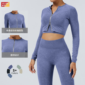 Top corto de manga larga con cremallera y efecto lavado a la arena para mujer, ropa deportiva para fitness y yoga, de secado rápido, color liso, chaqueta deportiva con diseño de cintura alta - Product Image 5