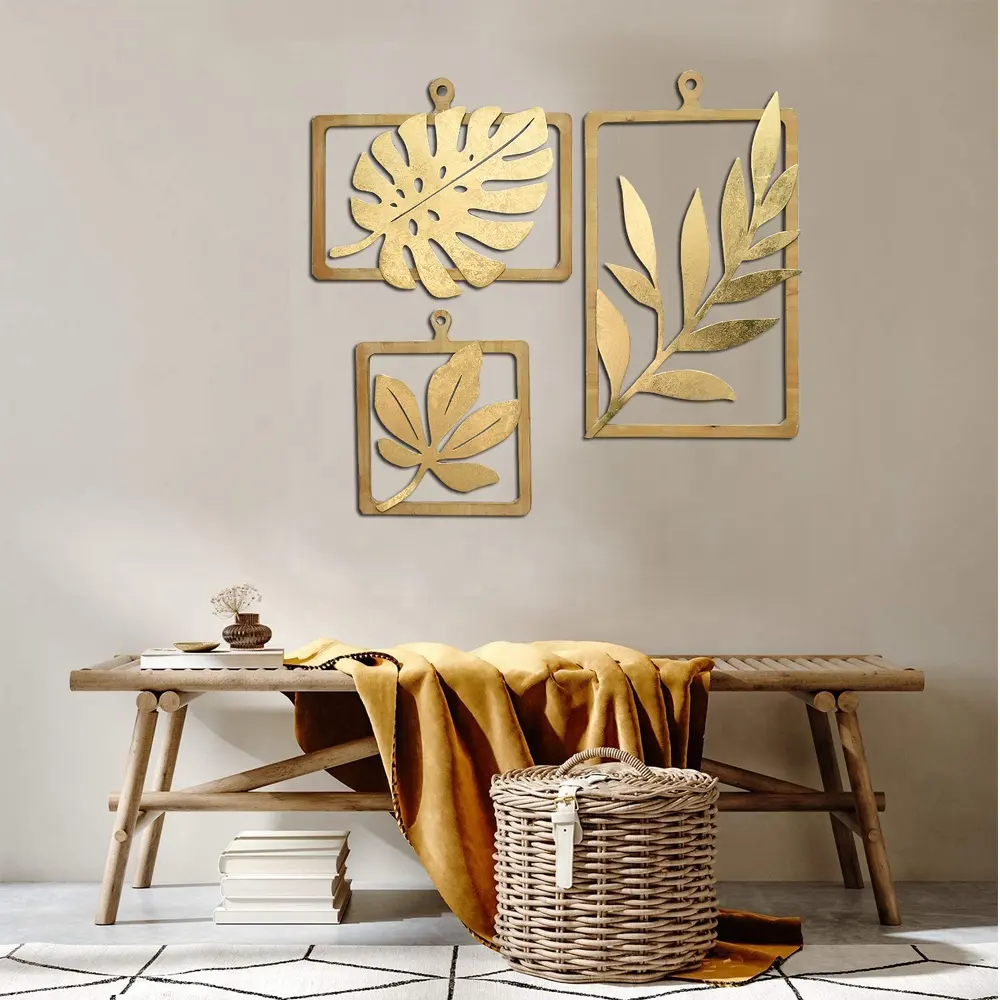 Wood Wall Decor Wall Decor Interior Pieces Luxury Display Gold House Wood Frame Wrought Iron Meta Wall Art Hanging Leaf Flower Home Wall Decor