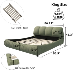 <strong>King</strong>-Size Luxury Green Upholstered Platform <strong>Bed</strong> with Oversized Padded Backrest Smart Modern Design Solid Wood Frame - Product Image 6