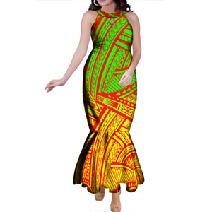 ウォータードロップデザイントンガサモアプリントカスタマイズ女性フィッシュテールドレスノースリーブホルタープロムドレスエレガントマーメイドロングドレス - Product Image 4