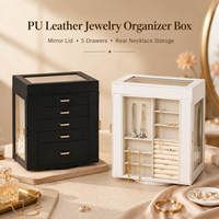 Boîte de rangement à bijoux en cuir PU personnalisée en gros avec miroir et plusieurs tiroirs