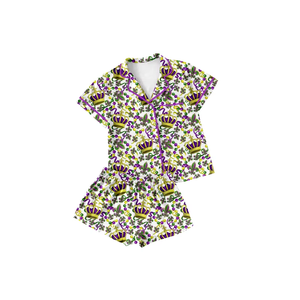 Conjuntos de Pijamas Familiares al por Mayor, Estampado de Mardi Gras, Manga Corta, Botones, Top y Pantalones Cortos para Mamá e Hija - Product Image 4