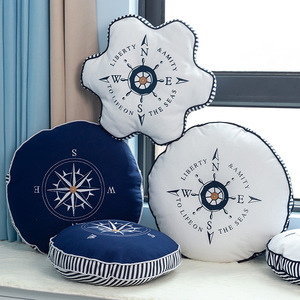 Marine Embroidered Cushion Round Cotton Linen <b>Throw</b> <b>Pillow</b> With Compass Design For Sofa Bay Window Decor - Product Image 1