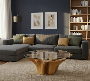 Table à manger moderne en racine de teck, fabriquée à la main, en teck massif naturel, forme organique, plateau en verre trempé, allure intemporelle et luxueuse pour hôtel - Product Image 1