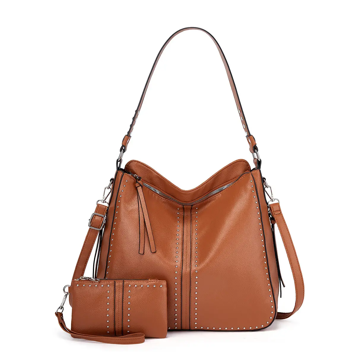 New women's brown bucket bags pu leather handbag set single shoulder messenger bag satchel crossbody rivet ladies tote hobo bag