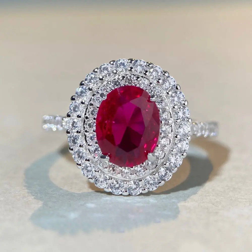 Cincin pertunangan perak murni 925 Moissanite berlian Oval merah Rubi cincin pertunangan untuk wanita cincin pernikahan