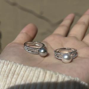 Exquisito Anillo de Plata Pura S925 de Alta Gama con Incrustaciones de Perla Blanca Australiana Linen Gray y Diseño Hueco con Diamantes - Product Image 1