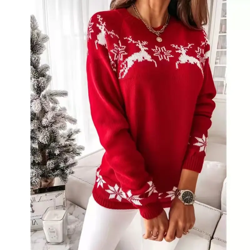 Latest Design Winter Women Sweater Jacquard Knitted Jumper Ladies Long Sleeve Christmas Knitwear Plus Size Christmas Sweater
