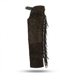 Pantalones de montar de gamuza occidental con flecos en color marrón chocolate para hombre, de cintura alta, sin mangas y con cierre de cinturón. - Product Image 1
