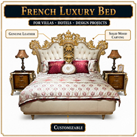 Ensemble de lit en cuir français - Lit double en bois massif sculpté - Convient aux villas luxueuses, aux manoirs et aux grandes résidences