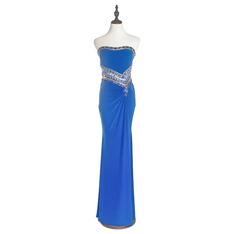 ODM blue beaded long party gown women sexy elegant evening dress